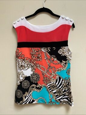 Frank Lyman Design Sleeveless Baroque Print Top Coral Turquoise Size 8